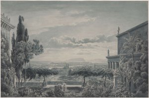 Ruhtinaan residenssi. Ruhtinasparin yksityispuutarha, josta avautuu näkymä kaupunkiin ja merelle tekijältä Karl Friedrich Schinkel