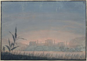 Taikahuilu. Wolfgang Amadeus Mozartin ooppera. Luonnos 10. lavastusta varten. Maisema ja Sarastron linna tekijältä Karl Friedrich Schinkel