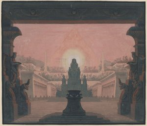 Taikahuilu. Wolfgang Amadeus Mozartin ooppera. Luonnos 12. lavastusta varten. Sarastron auringontemppeli tekijältä Karl Friedrich Schinkel