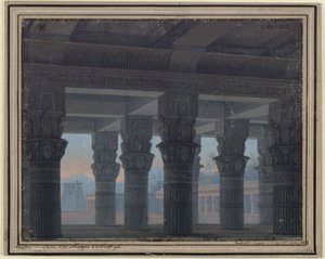 Taikahuilu. Wolfgang Amadeus Mozartin ooppera. Luonnos 8. lavastusta varten. Labyrintin eteishalli tekijältä Karl Friedrich Schinkel