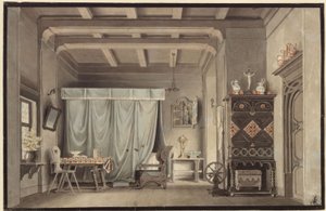 Faust. Johann Wolfgang von Goethen näytelmä. Lavastusluonnos. Gretchenin huone tekijältä Karl Friedrich Schinkel