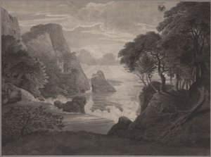 Kallioinen rannikkomaisema ja linna tekijältä Karl Friedrich Schinkel
