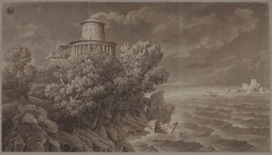 Kallioinen merenrannikko ja antiikkia jäljittelevä majakka, meren ollessa levoton tekijältä Karl Friedrich Schinkel