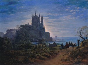 Goottilainen kirkko merenrantakallion päällä tekijältä Karl Friedrich Schinkel