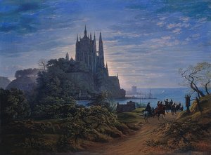 Goottilainen kirkko kalliolla meren rannalla. 1815