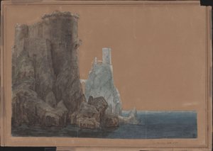 Kuningas Yngurd. Adolf Müllnerin murhenäytelmä. Luonnos 4. lavastusta varten. Torni, jossa on kuoleman portti meren rannalla tekijältä Karl Friedrich Schinkel
