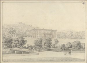 Kressendorf (Krzeszowice) Krakovan lähellä. Linna. Perspektiivikuva tekijältä Karl Friedrich Schinkel