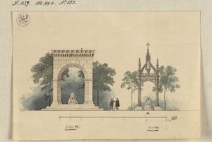 Lützen. Luonnos Ruotsin kuningas Kustaa II Aadolfin muistomerkiksi neljältä sivulta avoimen kaarihallin ja Schwedensteinin ylle sijoitetun tabernaakkelin muodossa tekijältä Karl Friedrich Schinkel