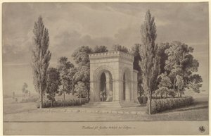 Lützen. Luonnos Ruotsin kuningas Kustaa II Aadolfille omistetuksi muistomerkiksi, joka on Schwedensteinin ylle rakennettu apsiksella varustettu romaaninen halli. Näkymä tekijältä Karl Friedrich Schinkel