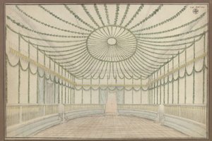 Merseburg. Linna. Luonnos salin koristeluksi Preussin Fredrik Vilhelm III:lle järjestettyjä kunnianosoitusjuhlallisuuksia varten tekijältä Karl Friedrich Schinkel