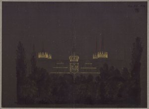 Merseburg. Linna. Suunnitelma linnan juhlavalaistukseksi Preussin kuninkaan Friedrich Wilhelm III:n kunnianosoitusjuhlallisuuksien yhteydessä tekijältä Karl Friedrich Schinkel
