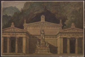 Olimpia. Gaspare Spontinin ooppera. Luonnos 4. lavastusta varten. Dianan temppeli tekijältä Karl Friedrich Schinkel
