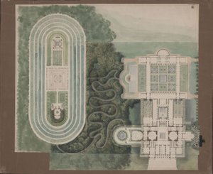Potsdam-Sanssouci. Antiikin tyylinen maalaistalo Charlottenhofin linnan luona. Asemapiirros ja pohjapiirros tekijältä Karl Friedrich Schinkel