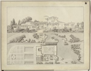 Potsdam-Sanssouci. Roomalaiset kylpylät Charlottenhofin linnan luona. Näkymä lännestä ja puutarhurintalon pohjapiirros tekijältä Karl Friedrich Schinkel