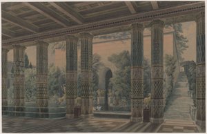 Oriandan linna Krimillä. Antiikin tyylinen suunnitelma. Vastaanottohalli, keisarillinen puutarha tekijältä Karl Friedrich Schinkel