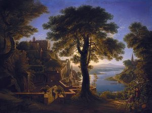 Linna joen varrella. 1820 tekijältä Karl Friedrich Schinkel