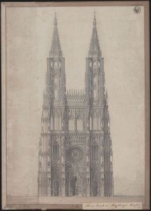 Strasbourg. Tuomiokirkko. Suunnitelma länsijulkisivun viimeistelemiseksi tekijältä Karl Friedrich Schinkel