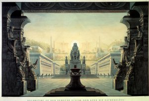Teatterin sisustus: Sisustus Wolfgang Amadeus Mozartin oopperaan "La flute enchante (Die Zauberflote) Emanuel Schikanederin libretona. Piirustus: Karl Schinkel (1781-1841) tekijältä Karl Friedrich Schinkel