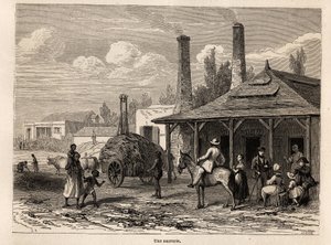 Sokeritehdas Riviere du Rempartista Mauritiukselta, piirustus Karl Girardet (1813-1871), havainnollistamaan Alfred Verneyn oleskelua Mauritiuksella vuonna 1861. Kaiverrus kirjaan "" Le tour du monde", toimittanut Edouard Charton