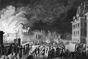 Ensimmäinen Ranskan vallankumous: Vartiojoukon tulipalo Pont Neufilla Pariisissa 29. elokuuta 1788. Girardet