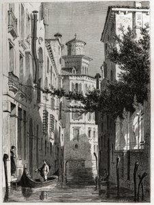 Bianca Cappellon palatsi Venetsiassa, Venetsiassa. piirustus Karl Girardet (1813-1871), havainnollistaa Adalbert de Beaumontin matkaa Venetsiaan noin 1850. Kaiverrus kirjaan "" Le tour du monde", toimittanut Edouard Charton tekijältä Karl Girardet