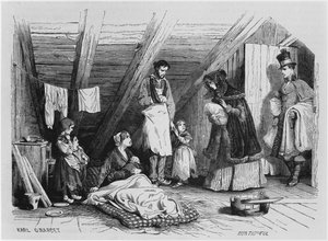 Vierailu köyhien luona, kuva "Le Magasin Pittoresque", Pariisi, 1844
