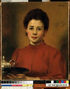 ""Nuori nainen punaisella"" Muotokuva naisesta, joka kantaa tarjotinta hopeisella teekannulla. (Nainen punaisessa) Karl (Carl) Gusovin (1843-1907) maalaus 1904 Mikalojus Konstantinas Ciurlionisin taidemuseo, Kaunas, Liettua