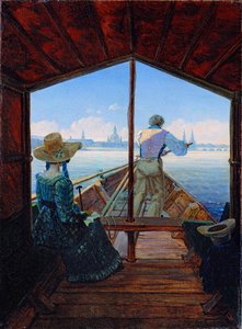 ""Varhain aamulla Elbellä"" veneretki Elbellä lähellä Dresdeniä (Proomumatka Elbelle lähellä Dresdeniä (Aamu Elbellä) Carl Gustav Carusin (1789-1869) maalaus Öljy kankaalle 1827 Dim 29x22 cm Museum Kunstpalast, Düsseldorf