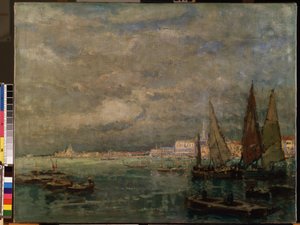 ""Näkymä purjeveneistä Venetsian laguunissa"" (Blick auf Venedig mit Segelbooten). Karl (Carl) Hagemeisterin (1848-1933) maalaus 1926 Mitat 51x71 cm Mikalojus Konstantinas Ciurlionisin taidemuseo, Kaunas, Liettua tekijältä Karl Hagemeister