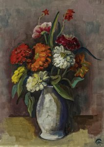 Stillleben mit Zinnienstrauss in Vase