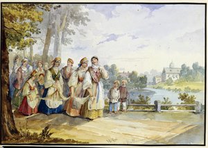 Venäläiset talonpoikatytöt juhlamekossa. Karl Ivanovich Kolmanin (1786-1846) teos, akvarelli pahville