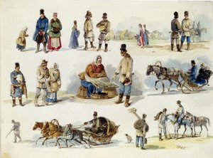 Venäjän kansantyypit. (Venäjän kansantyypit). Karl Ivanovich Kolmanin (1786-1846) työ, akvarelli pahville