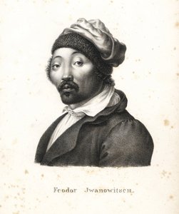Feodor Jwanowitsch, venäläisten sieppaama kalmykipaimentolainen, josta tuli myöhemmin taidemaalari ja kuparikaivertaja. Karl Joseph Brodtmannin litografia Heinrich Rudolf Schinzin kuvitetusta ihmisten ja eläinten luonnonhistoriasta tekijältä Karl Joseph Brodtmann