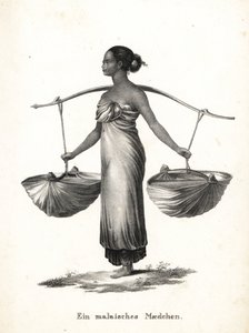 Malaiji tyttö hiukset sidottu kantaen lenkkarit ikeestä. Karl Joseph Brodtmannin litografia Heinrich Rudolf Schinzin kuvitetusta ihmisten ja eläinten luonnonhistoriasta tekijältä Karl Joseph Brodtmann