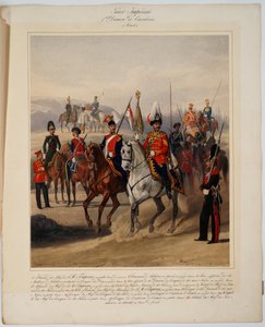 Garde imperiale: 1ere division de cavalerie - Venäjän keisarillisen kaartin 1. kaartin ratsuväen divisioonan sotilaat - Piratsky, Karl Karlovich (1813-1889) - 1867 - Värilitografia - 56x45 - Yksityiskokoelma