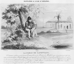 Napoleon I (1769-1821) St. Helenan saarella selittämässä Jean de La Fontainen tarua Tristan de Montholonille, kaivertanut Villain