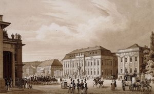 Unter den Linden, Berliini. Näkymä Neue Wachesta kohti Kronprinzenpalaisia, Prinzessinenpalais oikealla ja Kommandatur vasemmalla,