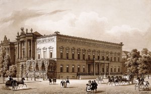 Unter den Linden, Berliini. Prinssi Wilhelmin palatsi, jonka Karl Langhans rakensi 1834-36, ja Kuninkaallinen kirjasto, jonka Georg Christian Unger rakensi 1775-78 Josef Emanuel Fischer von Erlachin suunnitelmien mukaan, näkymät Platz am Opernhausille,