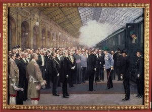Itävallan keisari Franz Joseph I:n (1830-1916) vastaanotto valtion rautatieasemalla Bosnia ja Hertsegovinan liittämisen yhteydessä 31. lokakuuta. tekijältä Karl Maria Schuster