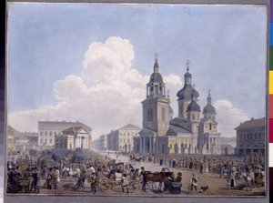 Hay Market Place ja Assumption Church Pietarissa. Karl Petrovich Beggrovin (1799-1875) teos, akvarelli paperille
