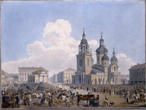 Heinätori ja Neitsyt Marian neitsytkirkko Pietarissa - Karl Petrovich Beggrovin (1799-1875) teos, akvarelli paperille (10,3x15 ,1 cm), 1820-1830 - valtion Venäjä