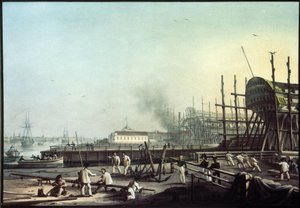 Admiralty-telakka Pietarissa (Pietari). (Admiralty laivaston telakka Pietarissa). Karl Petrovich Beggrovin (1799-1875) maalaus. Öljy kankaalle, 1800-luvun venäläistä taidetta. Venäjän valtionmuseo, Pietari.