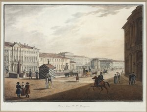 Näkymä Moika-penkereeltä lähellä Poliisisiltaa - Karl Petrovich Beggrov (1799-1875). Litografia, akvarelli