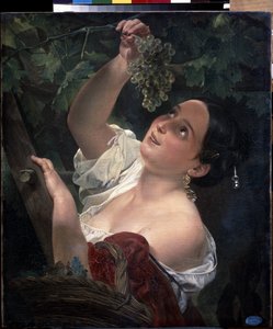 Keski-italialainen päivä (italialainen keskipäivä). Nuori nainen, paljas olkapää poimimassa rypäleterttua - Karl Pavlovich Briullov (Briullov) (1799-1852) maalaus - öljy kankaalle tekijältä Karl Pavlovich Bryullov