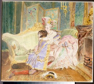 Tapaaminen: mustan miehen ja valkoisen venäläisen aateliston naisen suudelma - Kuvitus Aleksanteri Puškinin (1799-1837) romaaniin ""Pietari Suuren neekeri"" Abraham Hanibalin (Abram Petrovitš Gannibal) elämän jälkeen ( 1696-1781) - O