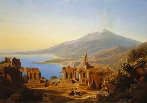 Kreikkalainen teatteri, Taormina, Etna takana, 1852 tekijältä Karl Robert Kummer