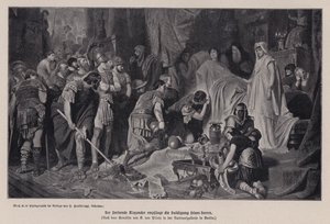 Kuoleva Aleksanteri Suuri vastaanottamassa armeijansa kunnioitusta, Babylon, 323 eKr. (litho)