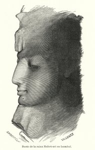 Muinaisen Egyptin kuningatar Nefertarin rintakuva, Ramses Suuren vaimo, Abu Simbel (litho)