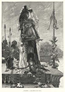 Neitsyen uhraus Niilille muinaisessa Egyptissä (litho)