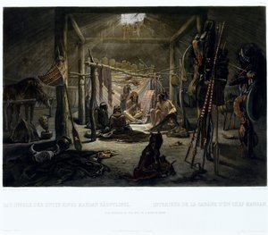 Mandanipäällikön majan sisustus, kaiverrus Narcisse Edmond Desmadryl (s.1801) n. 1835 (kaiverrus akvatintalla) tekijältä Karl after Bodmer